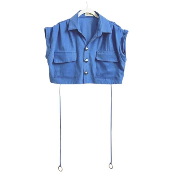 Maryallé Houdini Top Indigo Sky Blue Cotton Suede Free Size Button Crop XS-M - Picture 2 of 11